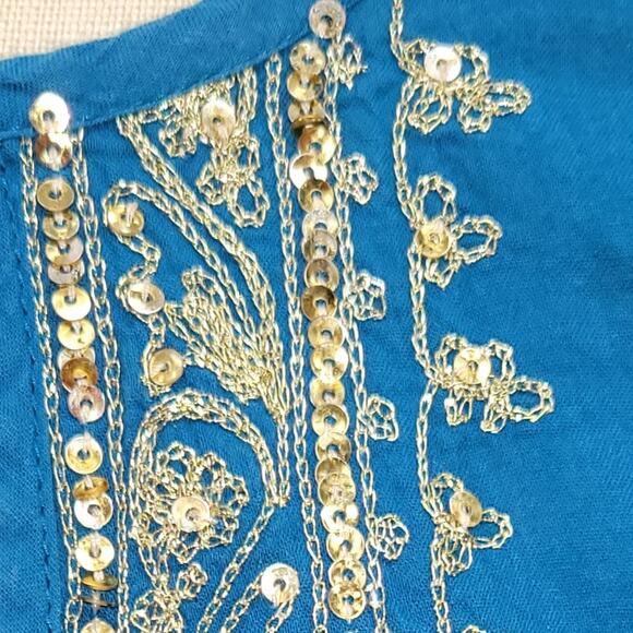 Heart Moon Star Pintuck Babydoll Top Metallic Embroidery Gold Sequin Size M Blue - Picture 4 of 11